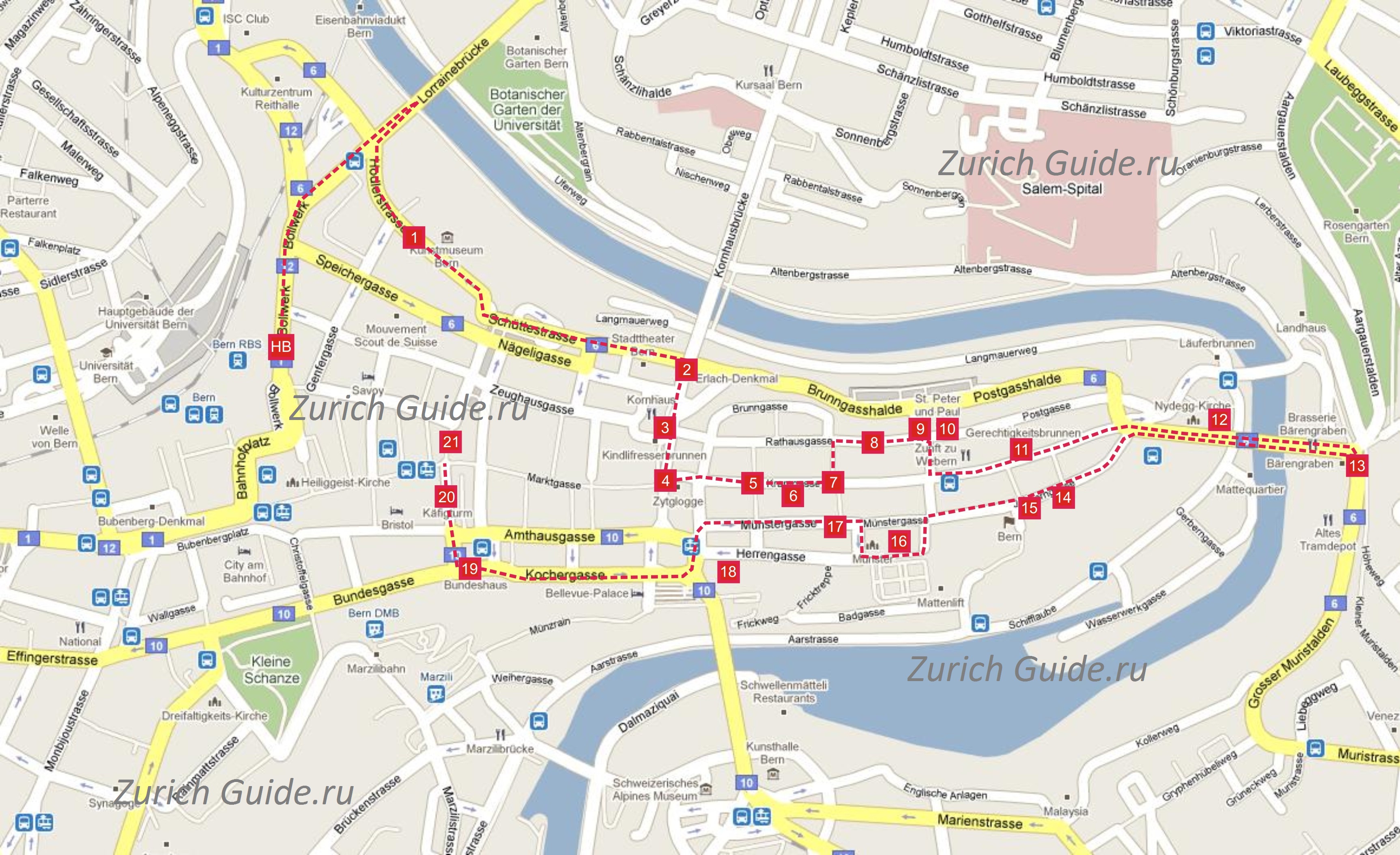 Bern-tourist-route Берн (Bern), Швейцария - путеводитель по городу. Туристический маршрут по Берну с картой, достопримечательности Берна.